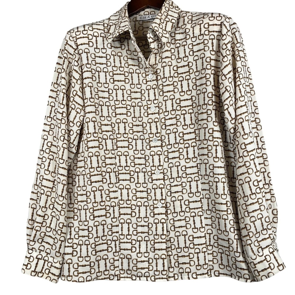 Chaus Womens 10 Long Sleeve Button Down Chain Print Blouse Beige Gold Y2K Chic